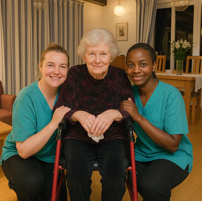 Astar Homecare respite care: two nurses assisting an elderly woman in a wheelchair in a home setting