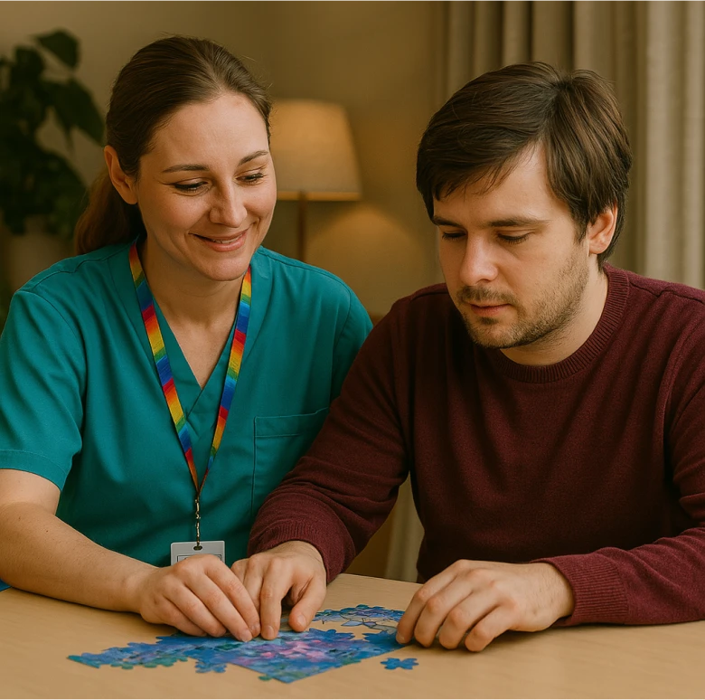 Astar Homecare carer engaging in a calming activity with a young man, offering autism support in a structured environment.