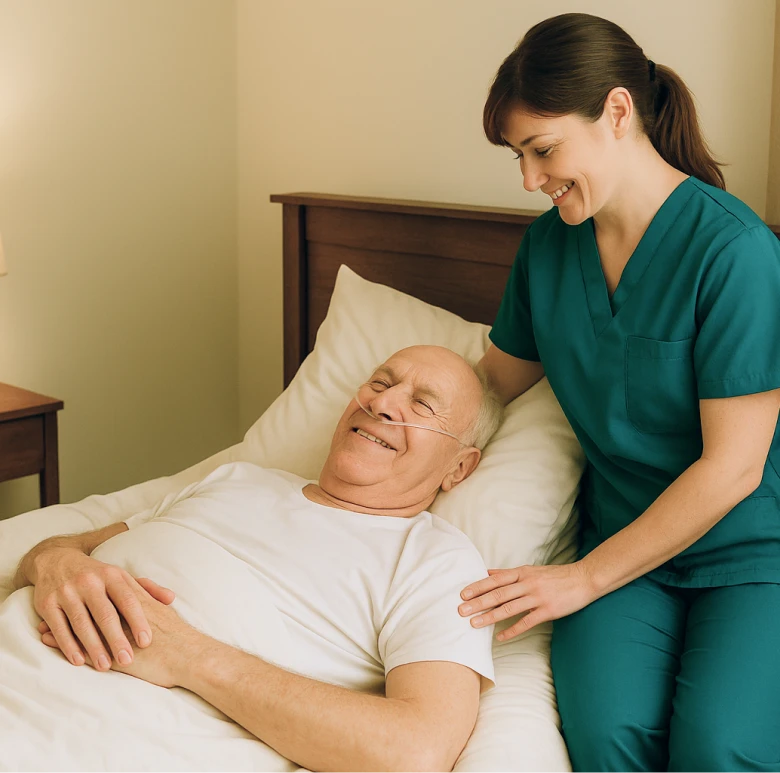 Astar Homecare carer supporting an elderly man in bed, delivering expert complex care with dignity and respect.