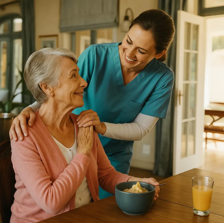 Astar Homecare dementia care: smiling caregiver supporting an elderly woman with dementia at home