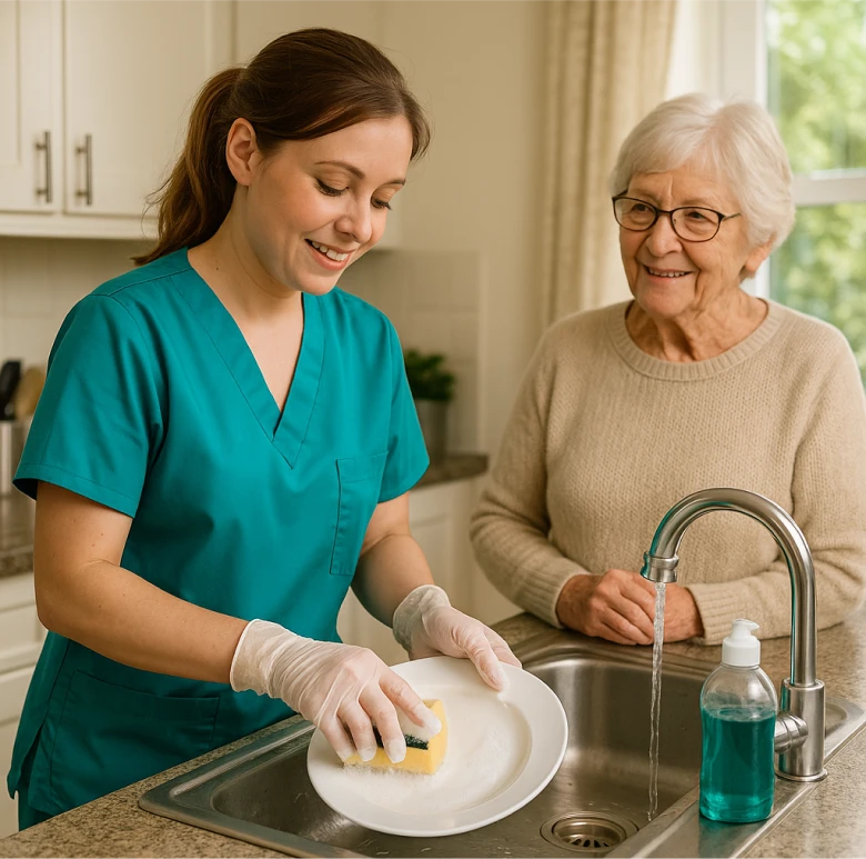 Astar Homecare carer assisting an elderly woman with washing up at home, ensuring domestic help and independent living.