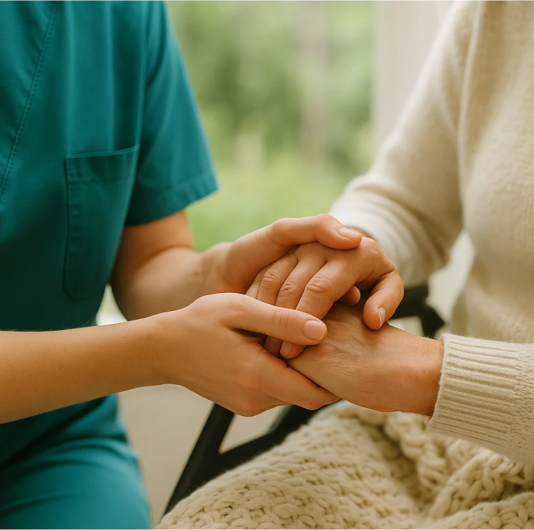 Astar Homecare carer providing gentle support, holding hands with a person receiving learning disability care at home.