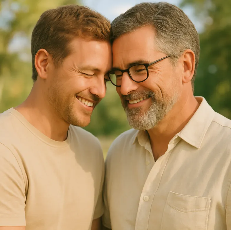 Astar Homecare LGBT+ care: two men embracing and smiling in a warm home environment
