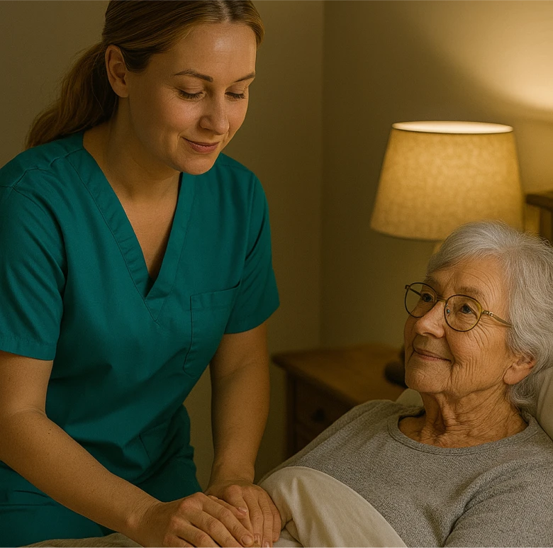 Astar Homecare live-in carer offering overnight support and reassurance to an elderly woman during evening care.