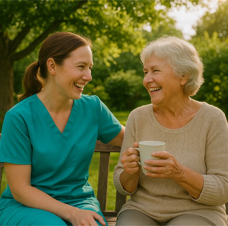 Astar Homecare carer sharing a friendly conversation with an elderly woman outdoors, delivering mental health care at home.