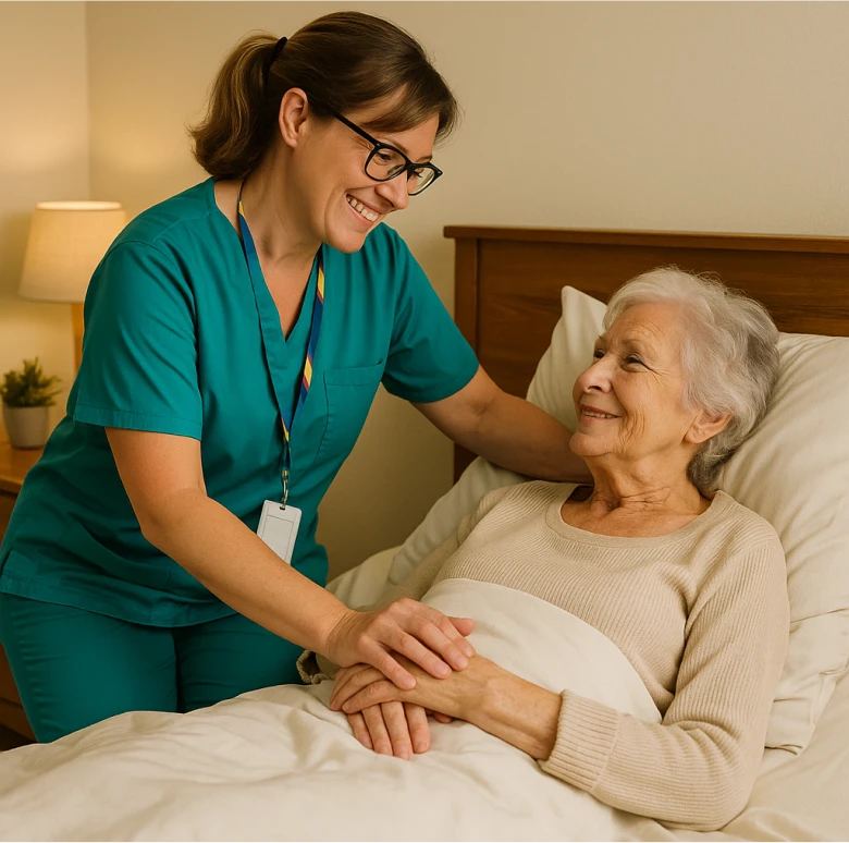 Astar Homecare carer comforting an elderly woman in bed, offering compassionate palliative care during end-of-life support.