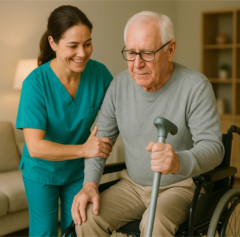 Astar Homecare carer assisting an elderly man with mobility support, providing respectful physical disability care at home.
