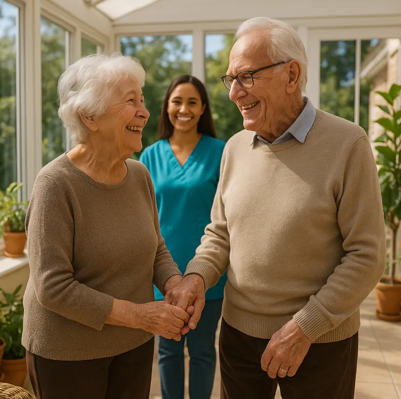 Astar Homecare reablement care: caregiver helping an elderly couple stand together with nurse support